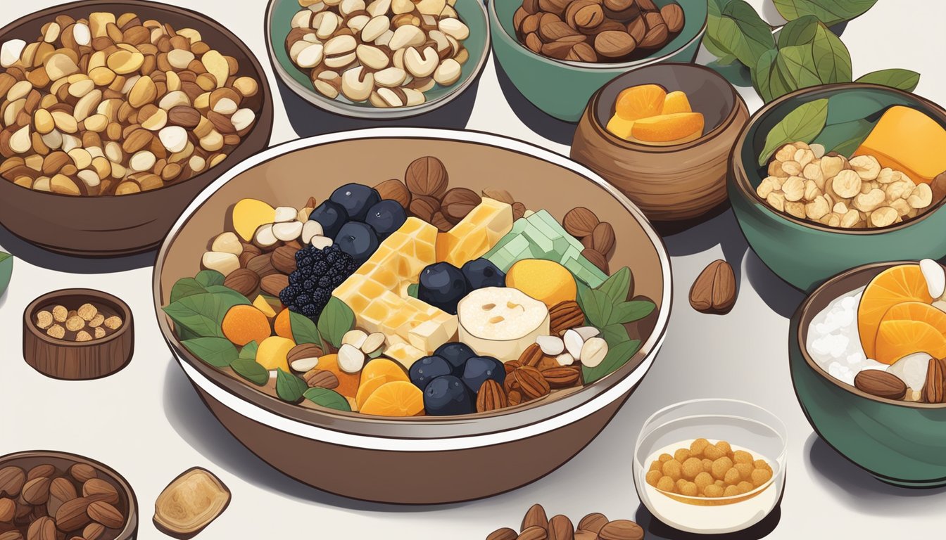 A bowl of xingren doufu surrounded by various ingredients like sugar, fruit, and nuts, with alternative toppings displayed nearby