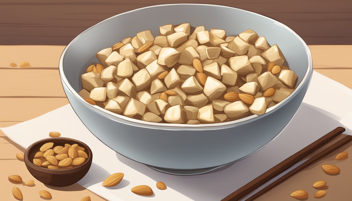 A bowl of xingren doufu sits on a wooden table, surrounded by a pile of crushed almonds and a small spoon