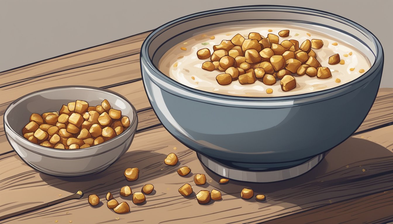 A small bowl of xingren doufu sits on a wooden table, garnished with crushed peanuts and a drizzle of sweet syrup. A spoon rests beside it, ready to scoop up the creamy, smooth texture