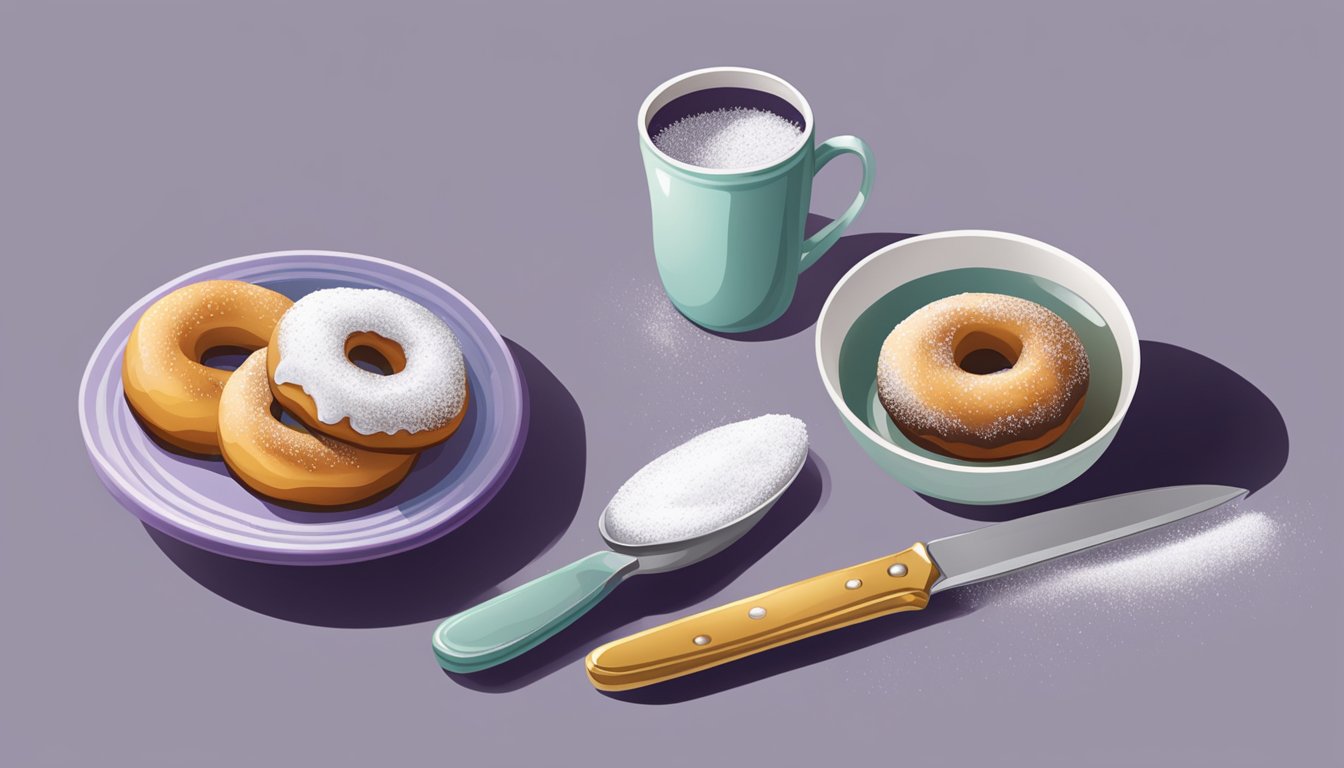 A table set with a single doughnut, a knife, and a small bowl of powdered sugar