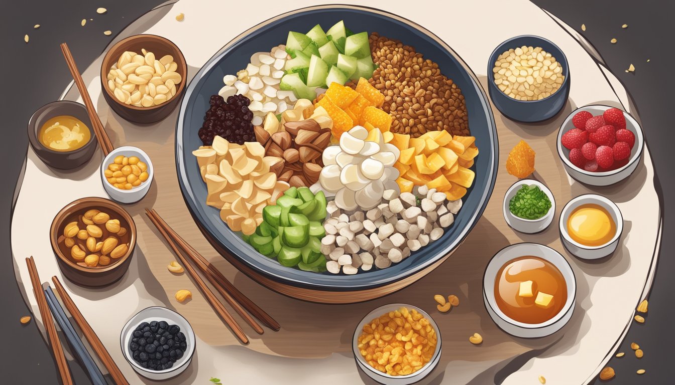 A bowl of xingren doufu surrounded by a variety of complementary toppings such as crushed peanuts, sweet syrup, and fresh fruit