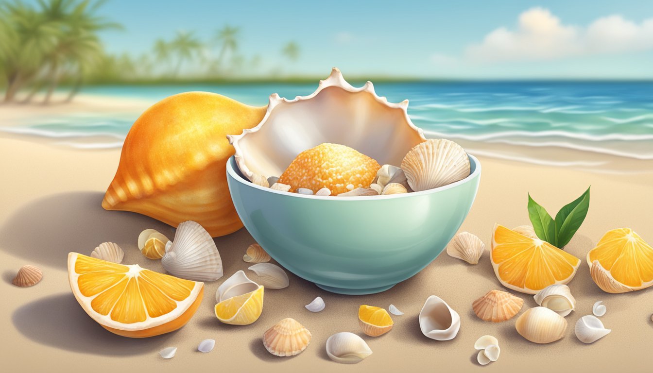 A conch shell resting on a sandy beach, surrounded by scattered seashells and a small bowl of citrus juice