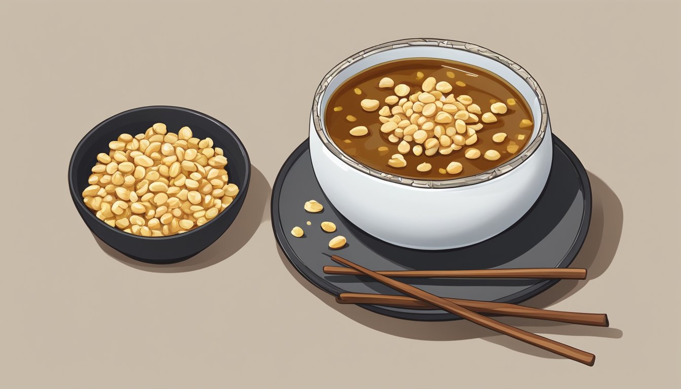 A small bowl of xingren doufu rests on a wooden table, garnished with crushed peanuts and a drizzle of sweet syrup. A small spoon is placed next to the bowl