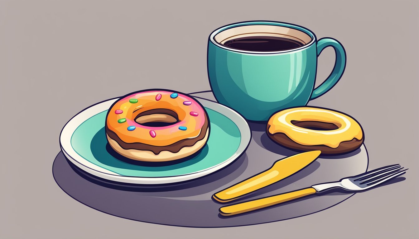 A colorful doughnut on a plate with a fork and knife next to it, with a napkin and a cup of coffee on the side