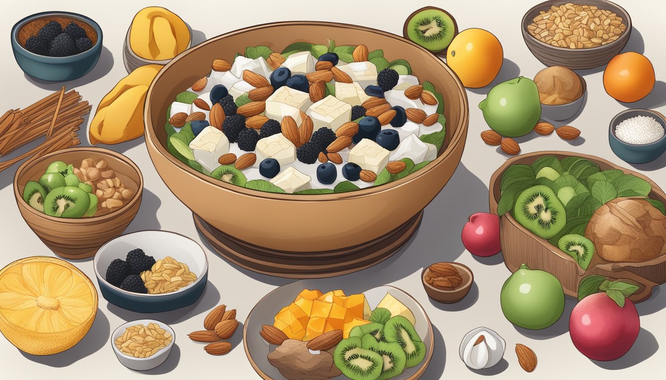 A bowl of xingren doufu topped with fruit and nuts, surrounded by various ingredients and utensils for making recipe variations