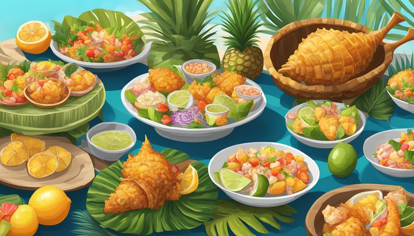 A table set with a variety of conch dishes, including conch fritters, ceviche, and grilled conch, surrounded by tropical fruits and colorful decorations