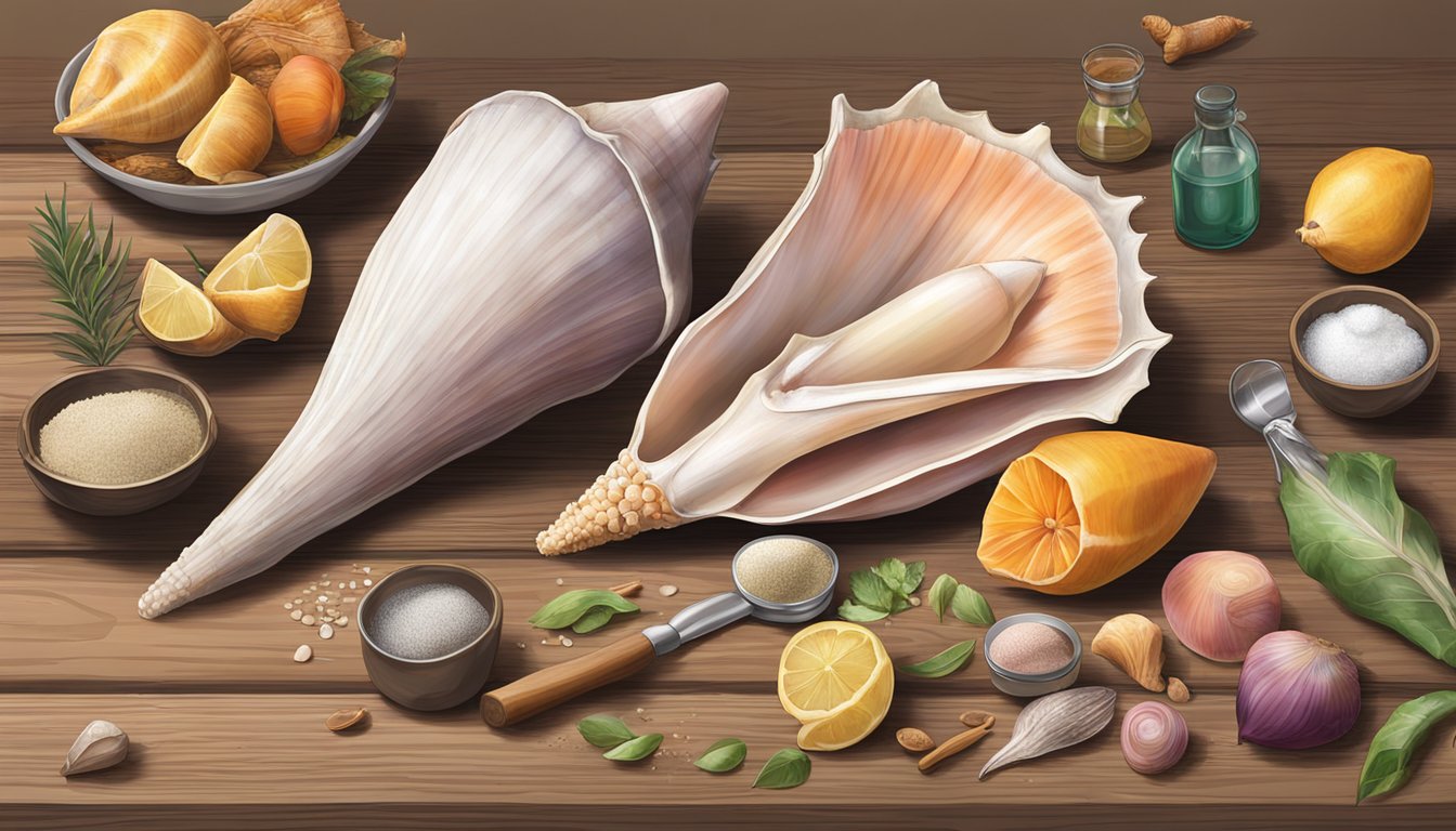 A conch shell sits on a wooden table, surrounded by various tools and ingredients. It is being prepared for consumption, with the flesh being carefully extracted and preserved for later use