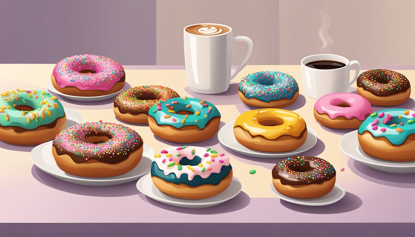 A colorful array of donuts arranged on a table, some with sprinkles and glaze, others filled with cream or jelly. A cup of coffee sits nearby