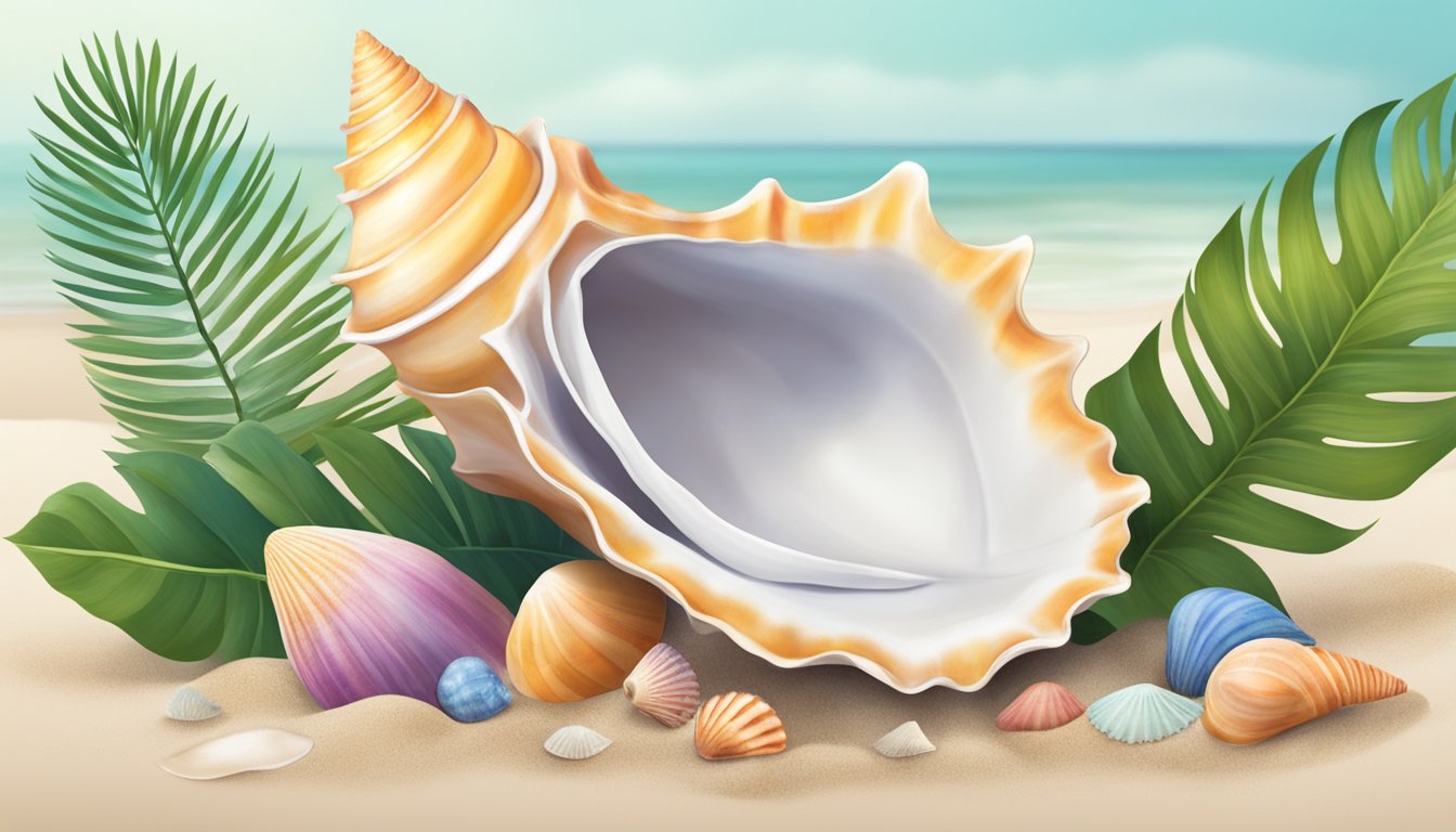 A conch shell sits on a sandy beach, surrounded by tropical plants and colorful seashells