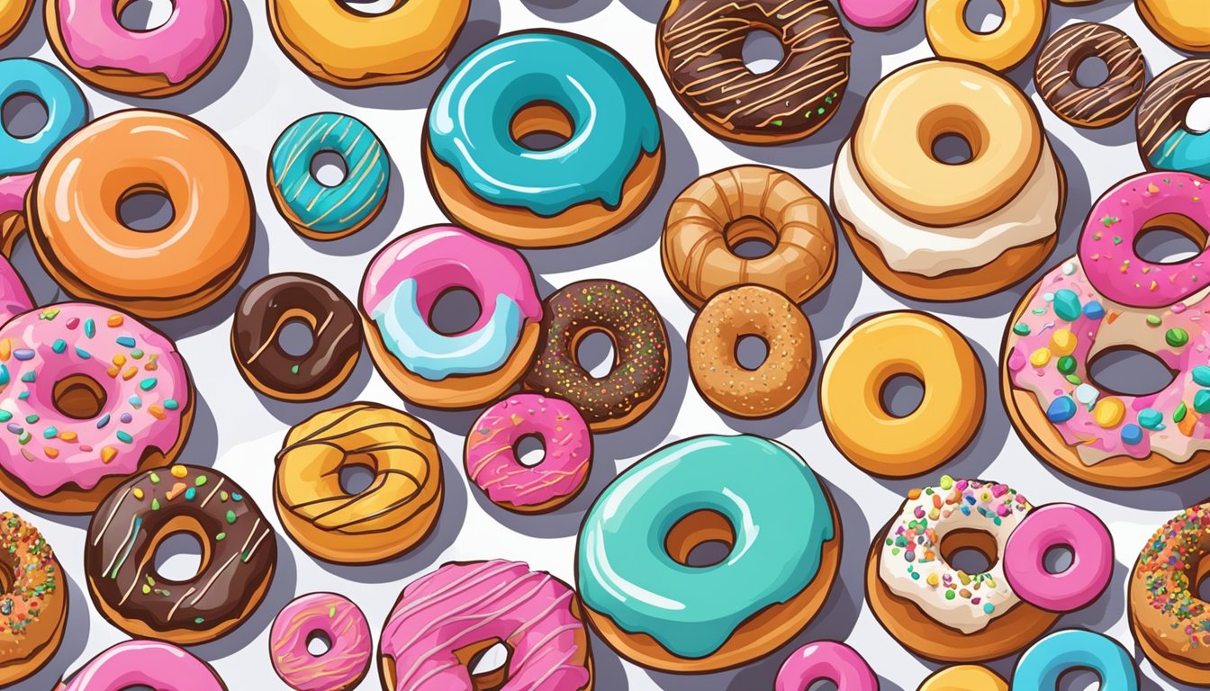 A colorful assortment of donuts arranged on a sleek, modern table with a variety of unique toppings and fillings, surrounded by curious onlookers