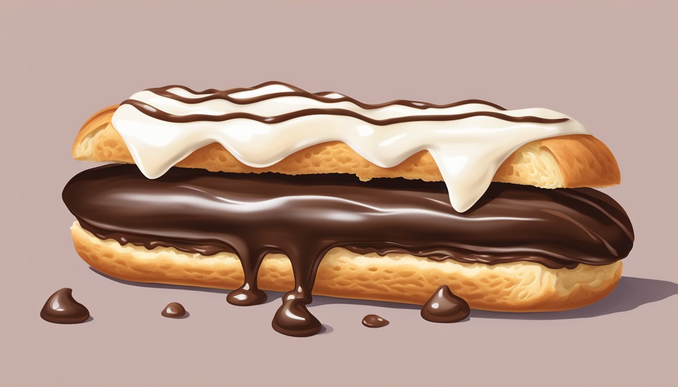 A chocolate eclair being delicately bitten into, with cream oozing out from the sides