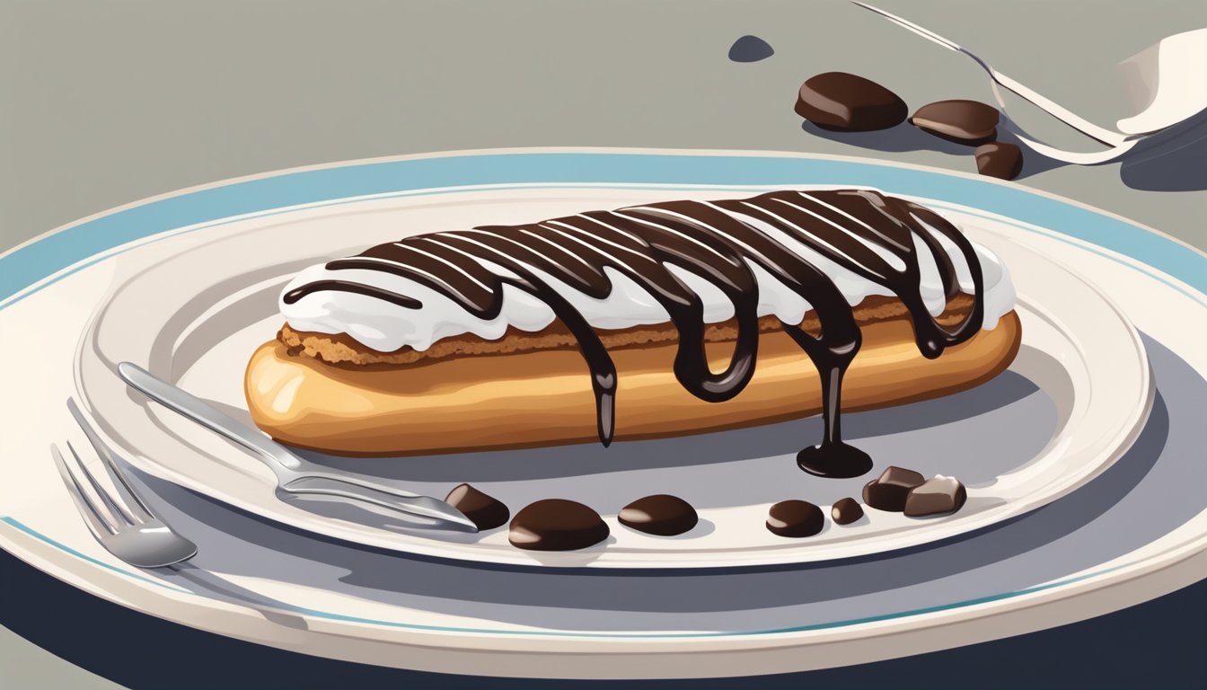 A chocolate eclair on a delicate plate, surrounded by a drizzle of chocolate sauce and a dusting of powdered sugar, with a fork resting beside it