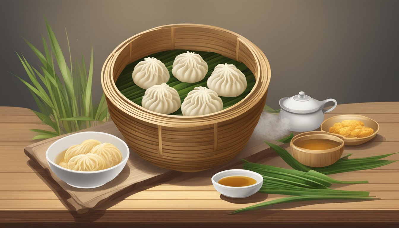 A steaming bamboo basket of xiaolongbao, with a small dish of ginger and vinegar, sits on a rustic wooden table