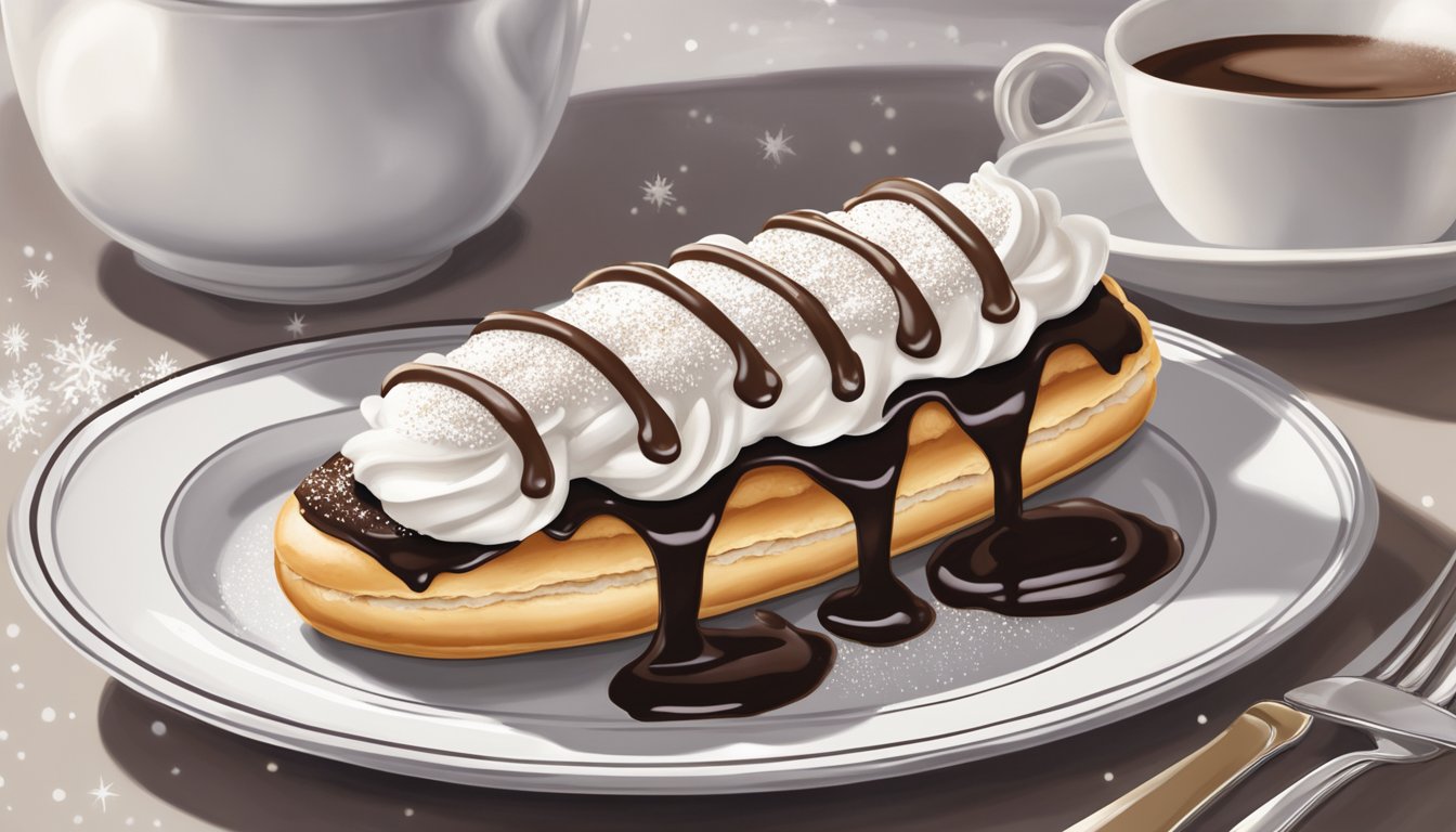 A chocolate eclair sits on a pristine white plate, surrounded by a light dusting of powdered sugar. A dollop of whipped cream adorns the top, and a drizzle of chocolate sauce decorates the plate