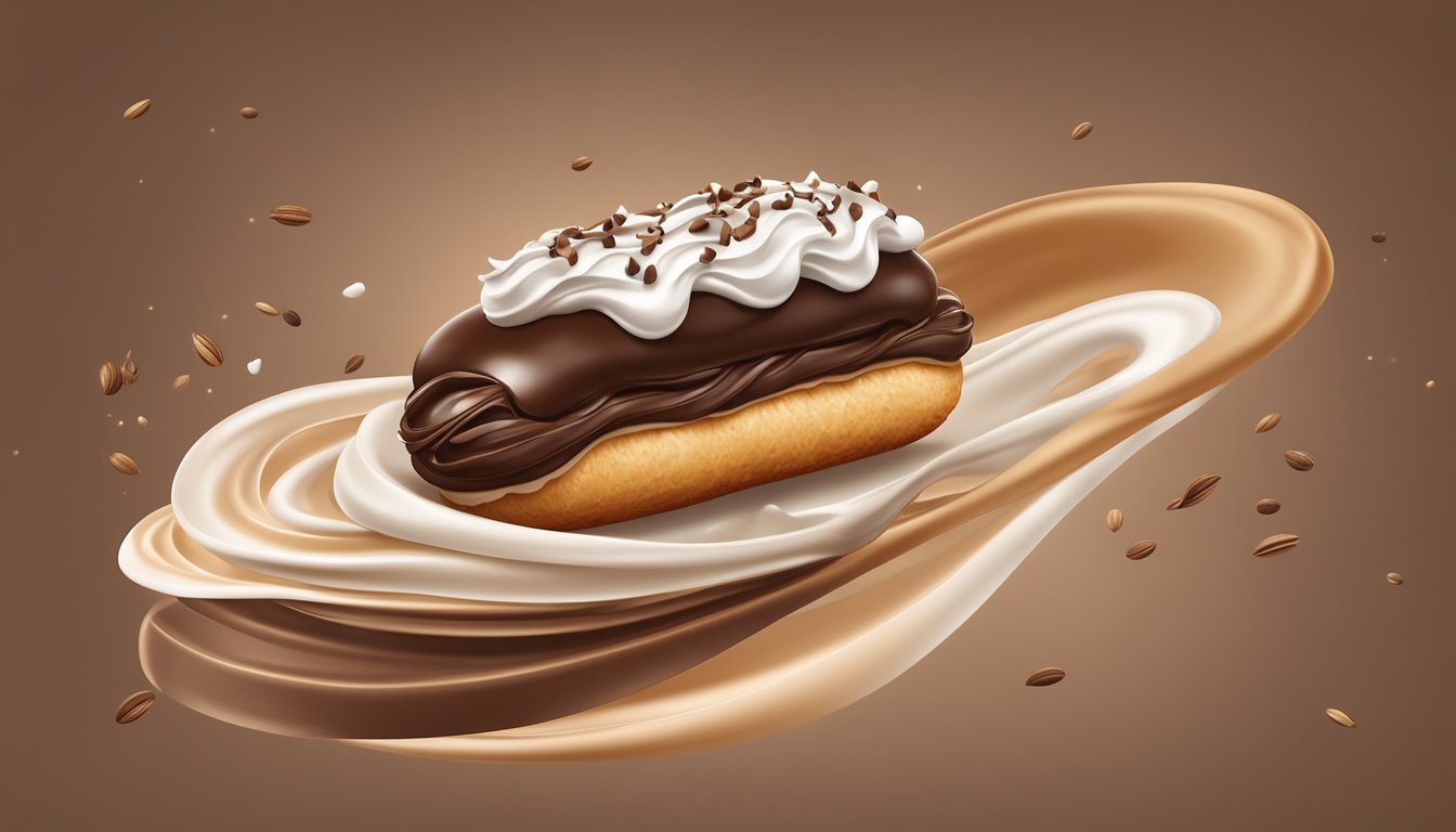 A chocolate eclair suspended in mid-air, surrounded by swirling ribbons of whipped cream and a dusting of cocoa powder