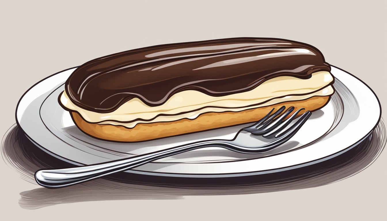 A chocolate eclair sits on a plate, its creamy filling oozing out of the flaky pastry. A fork hovers nearby, ready to dive in