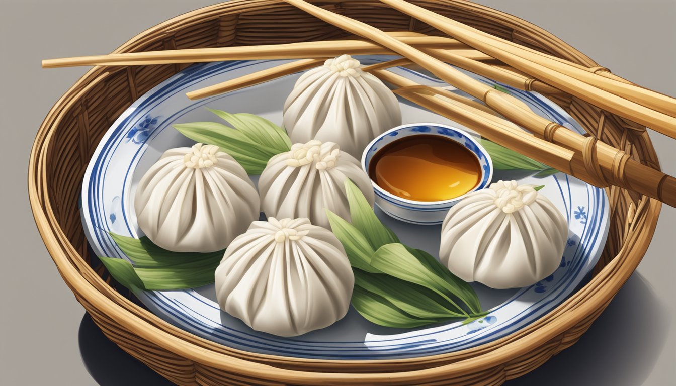 A pair of chopsticks lifting a xiaolongbao from a steaming bamboo basket, with a small dish of ginger and vinegar nearby