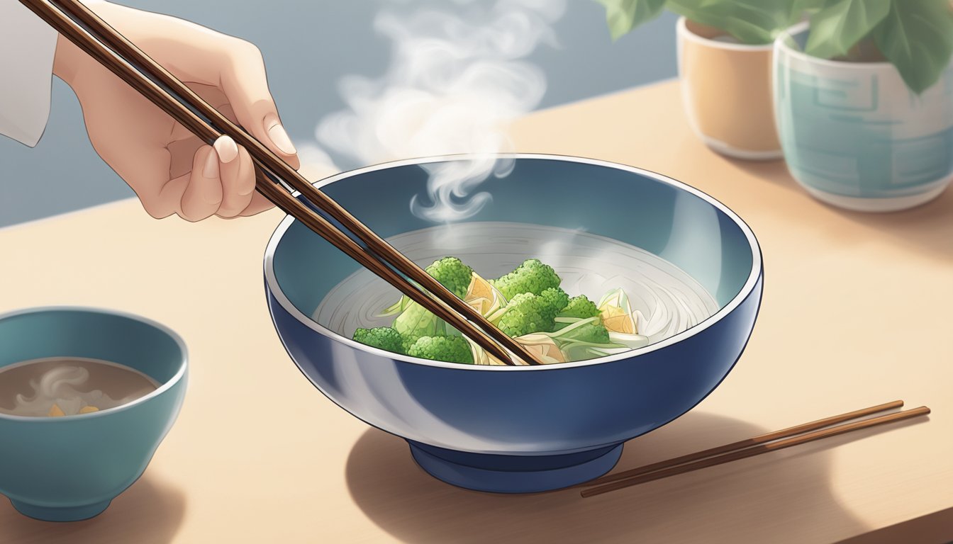 A pair of chopsticks picking up a piece of xiaomi from a steaming bowl