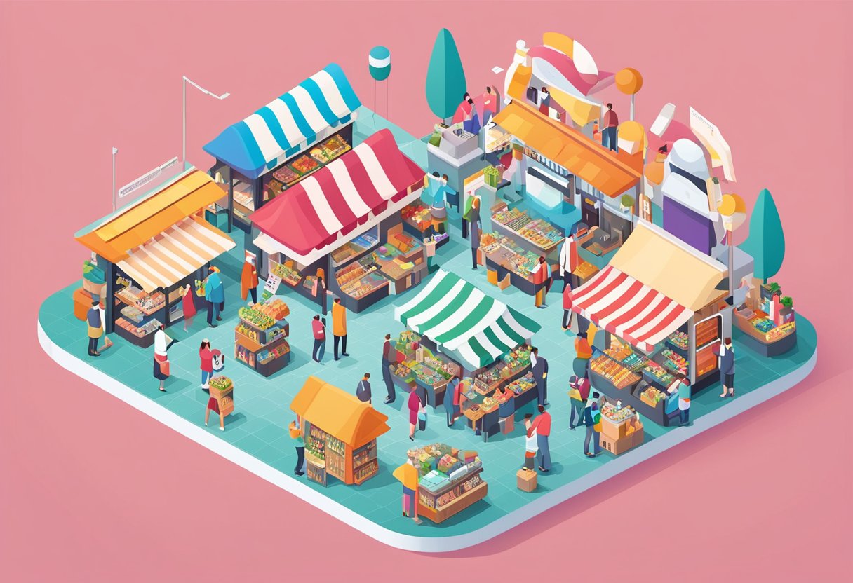 A bustling marketplace with various products and a large crowd of people interacting with engaging content