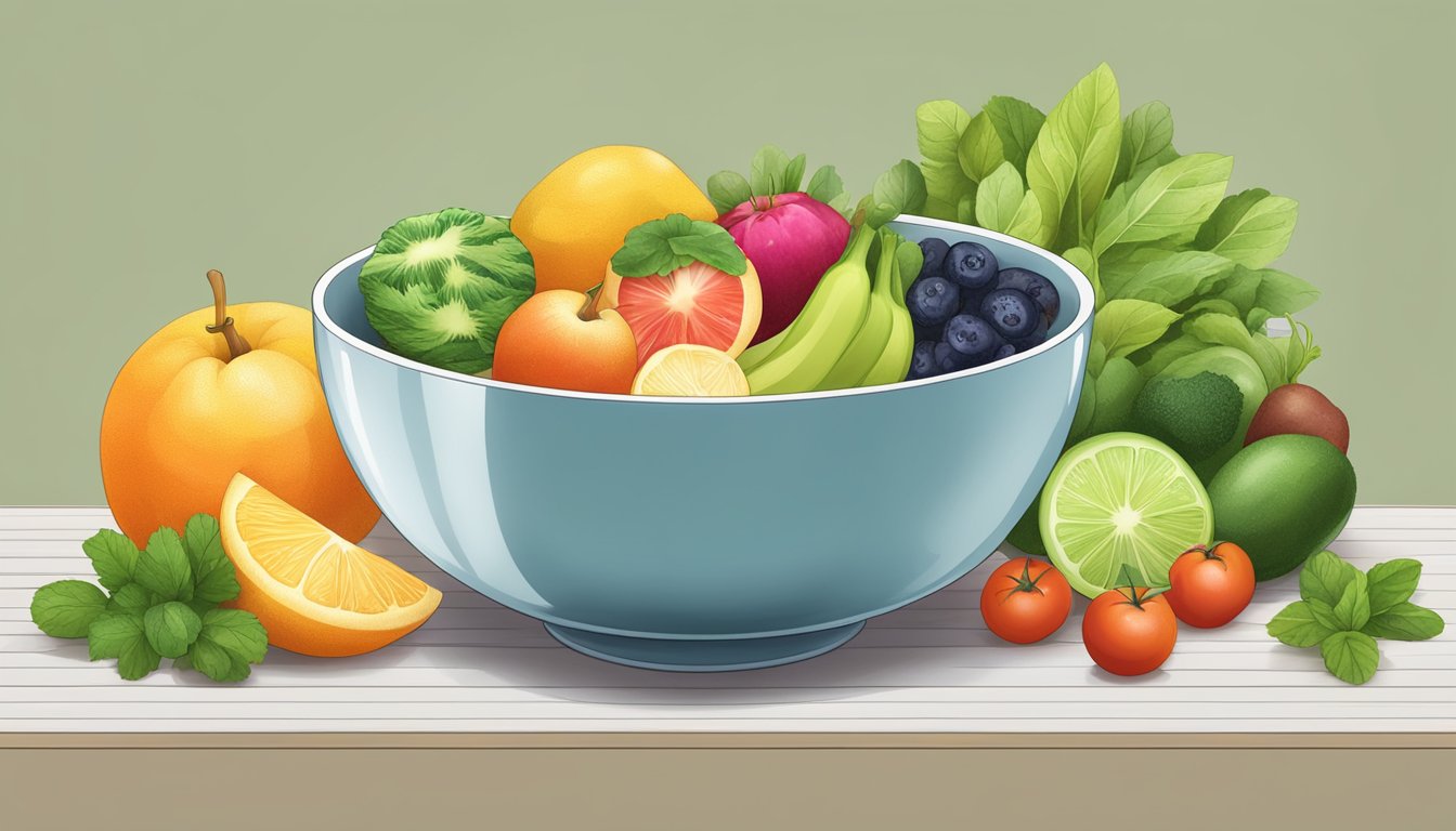 A bowl of Xiaomi surrounded by fresh fruits and vegetables, with a glass of water on the side