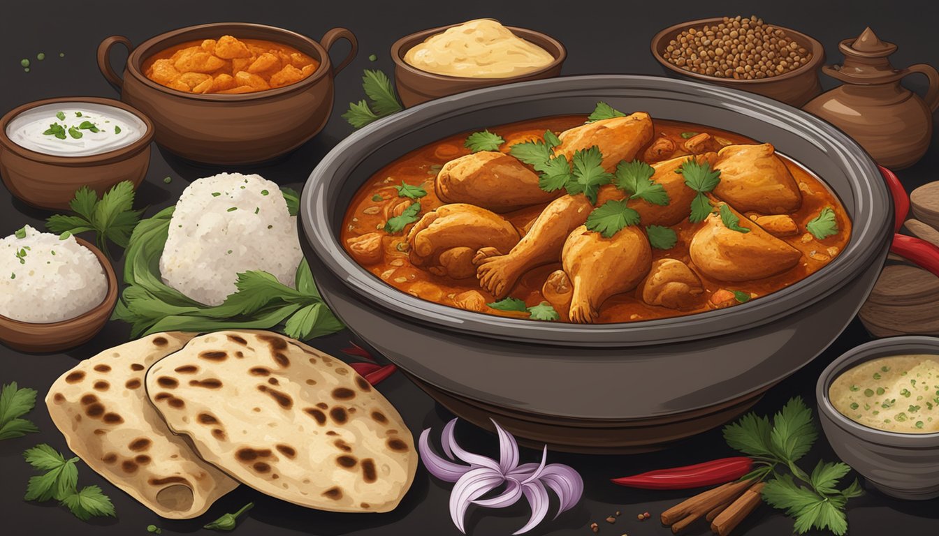 A steaming bowl of chicken vindaloo, surrounded by aromatic spices and herbs, with a side of fluffy naan bread