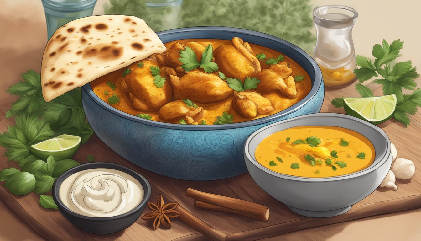 A steaming bowl of chicken vindaloo surrounded by spices and herbs, with a side of naan bread and a glass of mango lassi