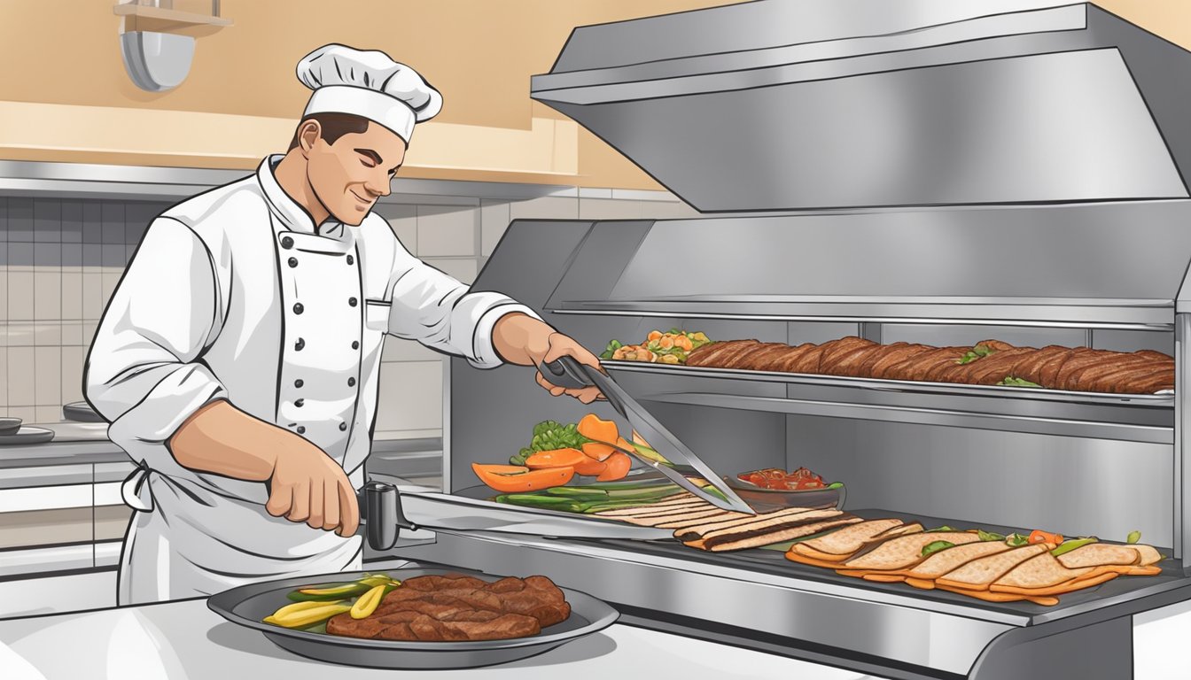 A chef slicing freshly grilled doner kebab meat off a rotating spit. Vegetables and pita bread nearby for assembly