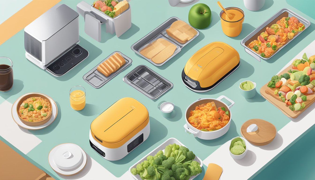 A person placing a Xiaomi appliance on a table, surrounded by various food items