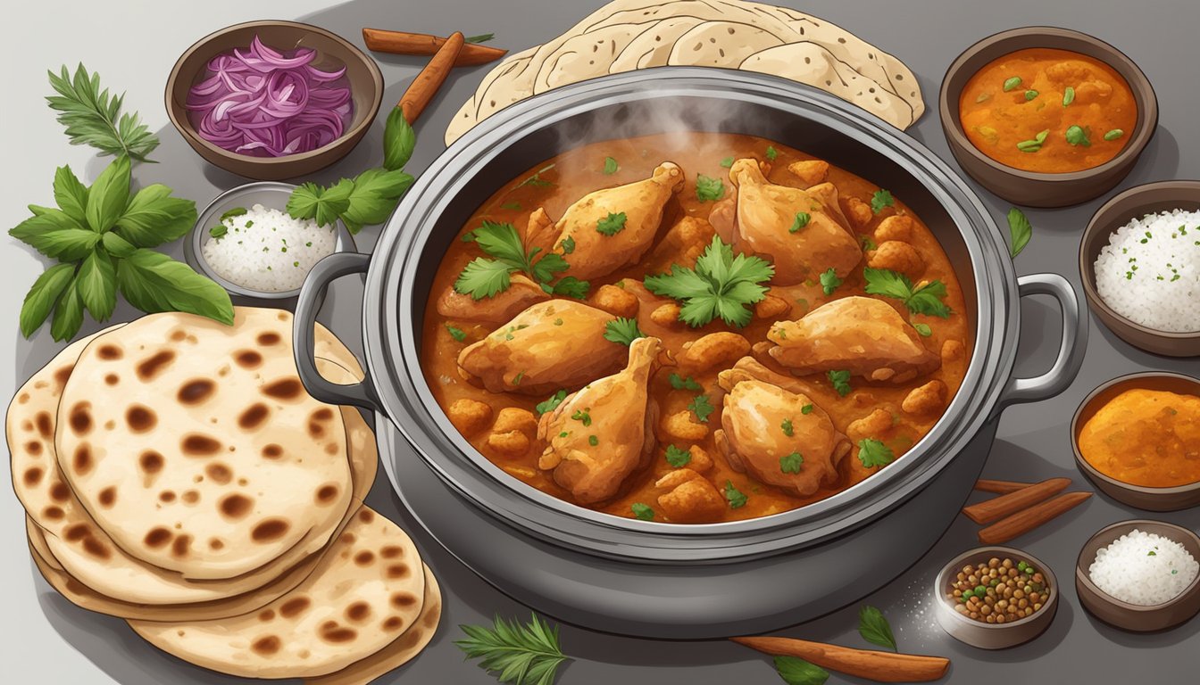 A steaming pot of Chicken Vindaloo surrounded by spices and herbs, with a side of fluffy basmati rice and warm, flaky naan bread