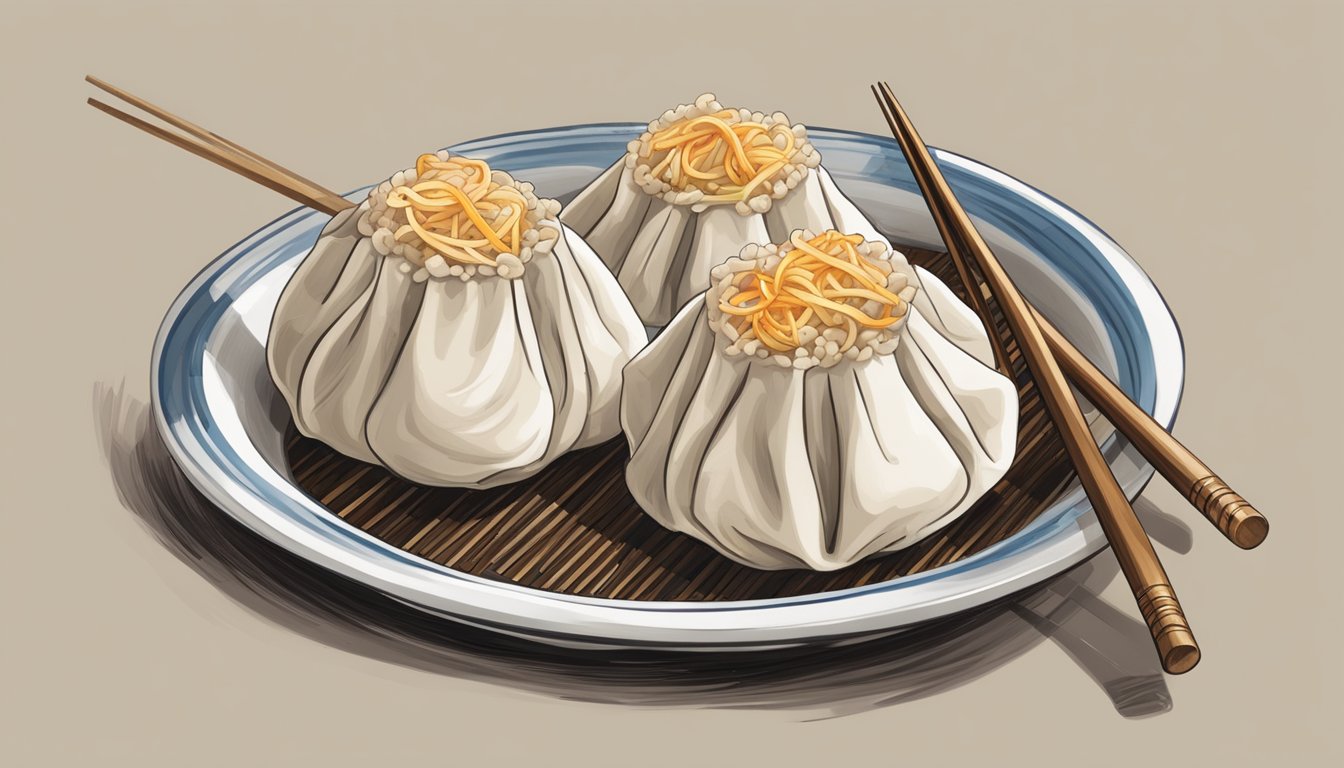 A pair of chopsticks poised over a steaming dumpling, a small dish of soy sauce nearby, and a napkin ready for any spills