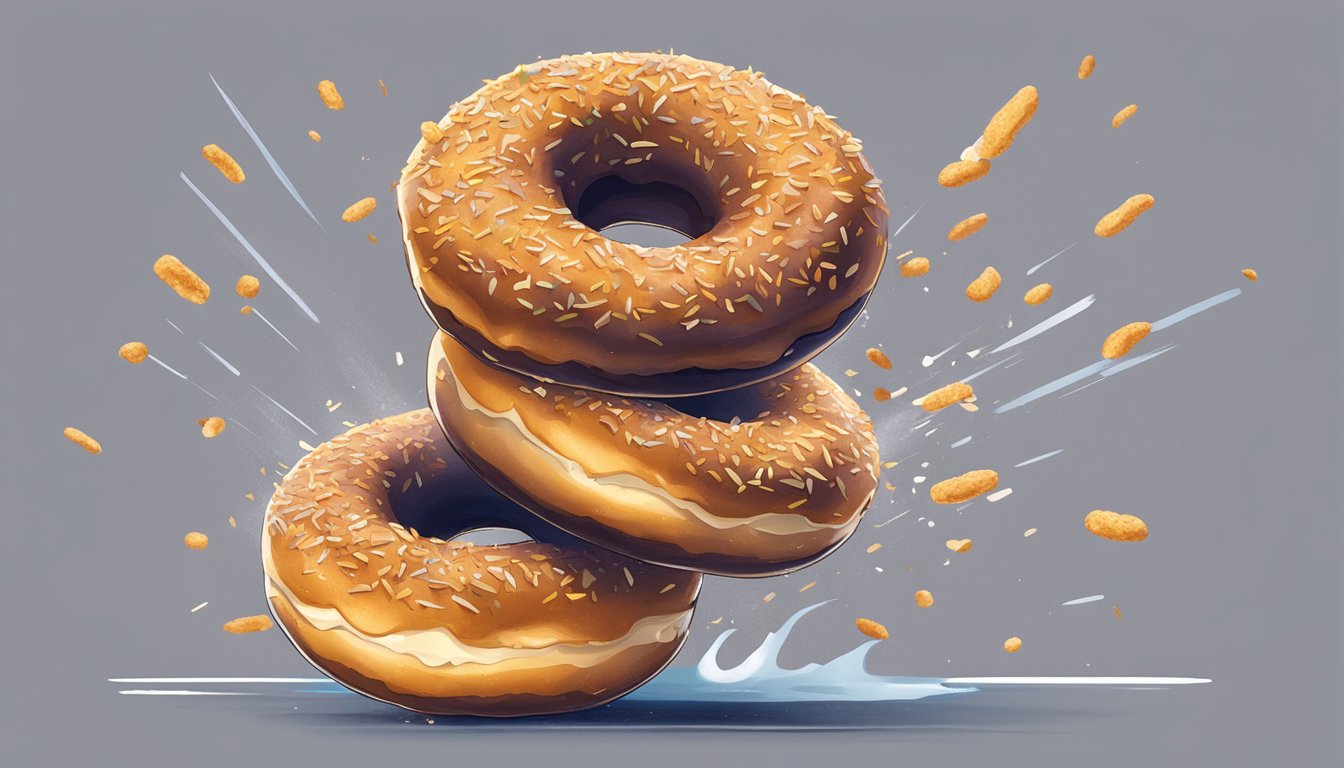 A donut suspended in midair, with a bite taken out of it and crumbs scattered around