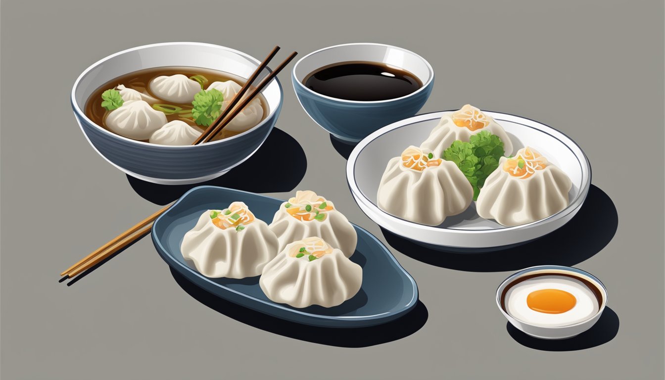 A pair of chopsticks and a small dipping bowl with soy sauce, next to a steaming plate of dumplings