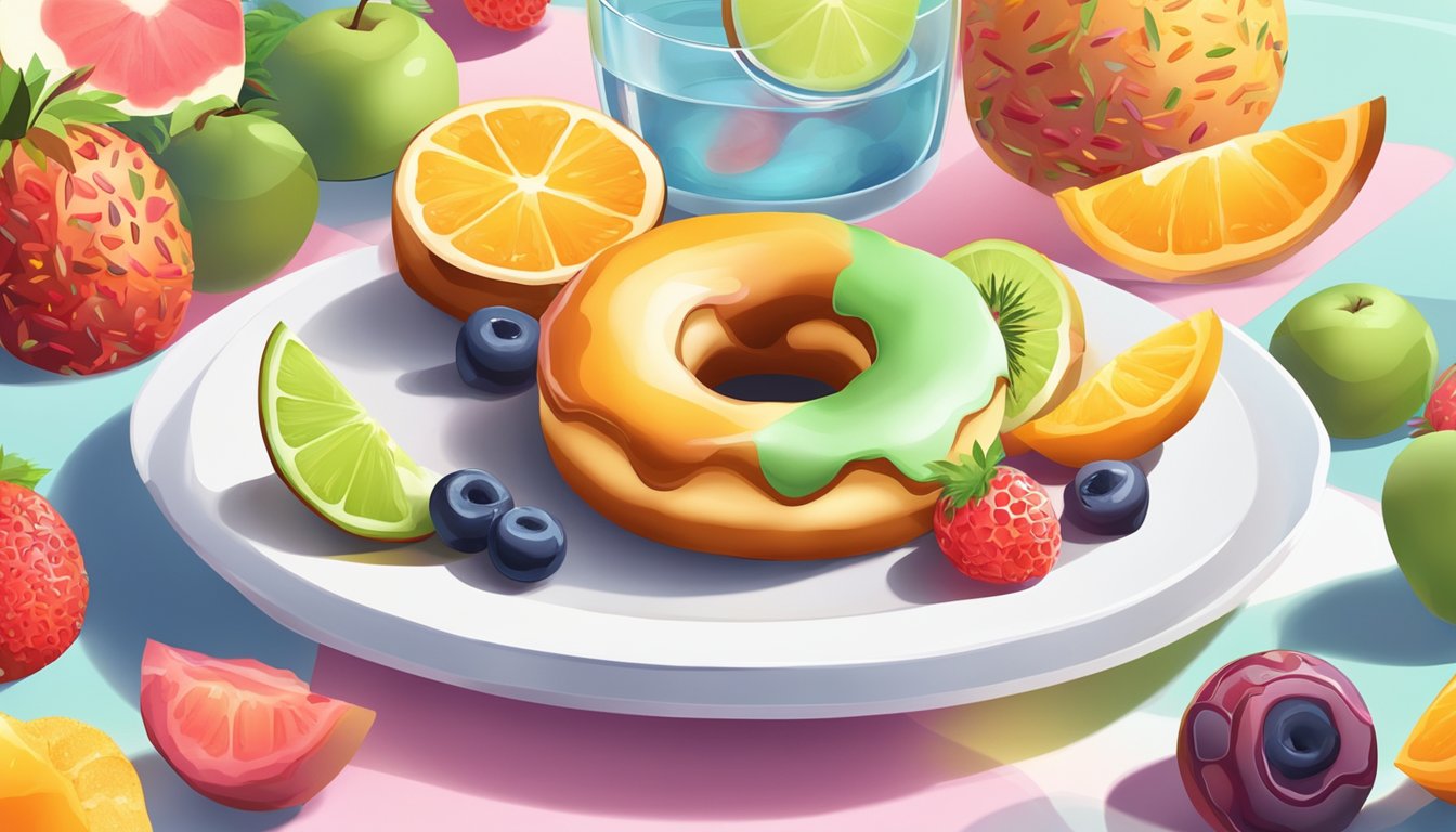 A colorful donut sits on a white plate surrounded by fresh fruits and a glass of water, creating a balanced and nutritious scene