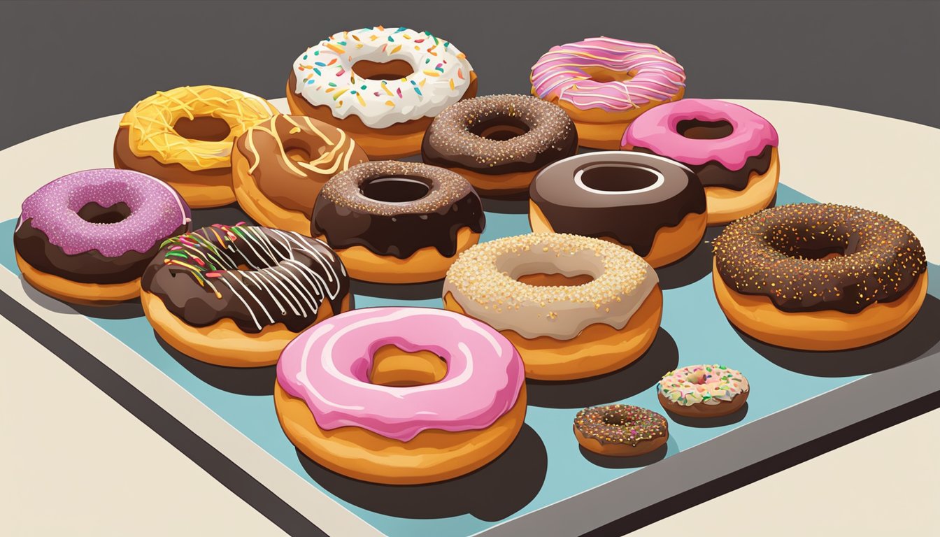 A variety of donuts displayed on a table, each with unique toppings and fillings. Some are cut in half to show the inside