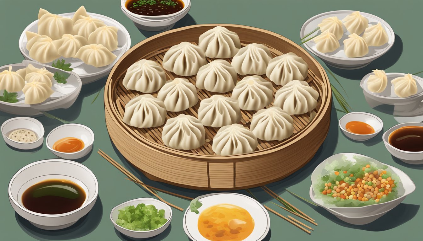 A steaming bamboo steamer filled with assorted dumplings, surrounded by small dishes of dipping sauce