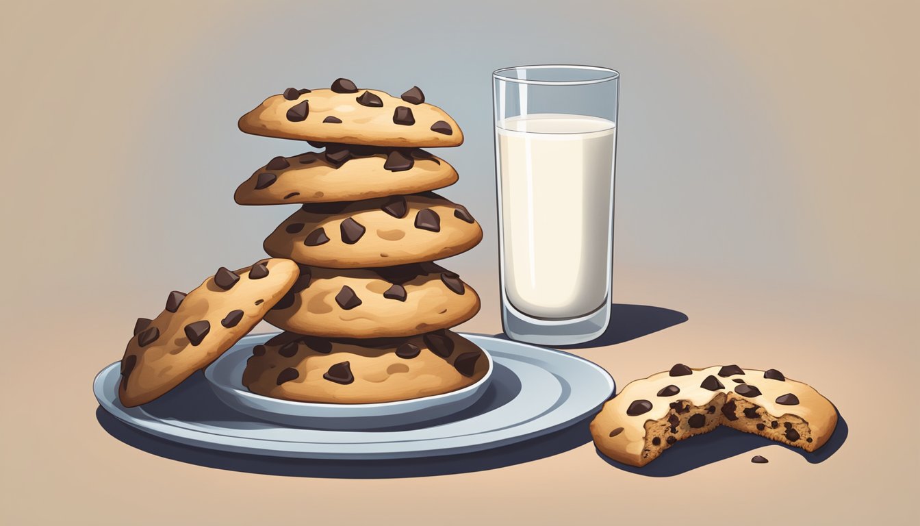 A chocolate chip cookie sits on a plate, surrounded by scattered chocolate chips. A glass of milk is placed next to the cookie