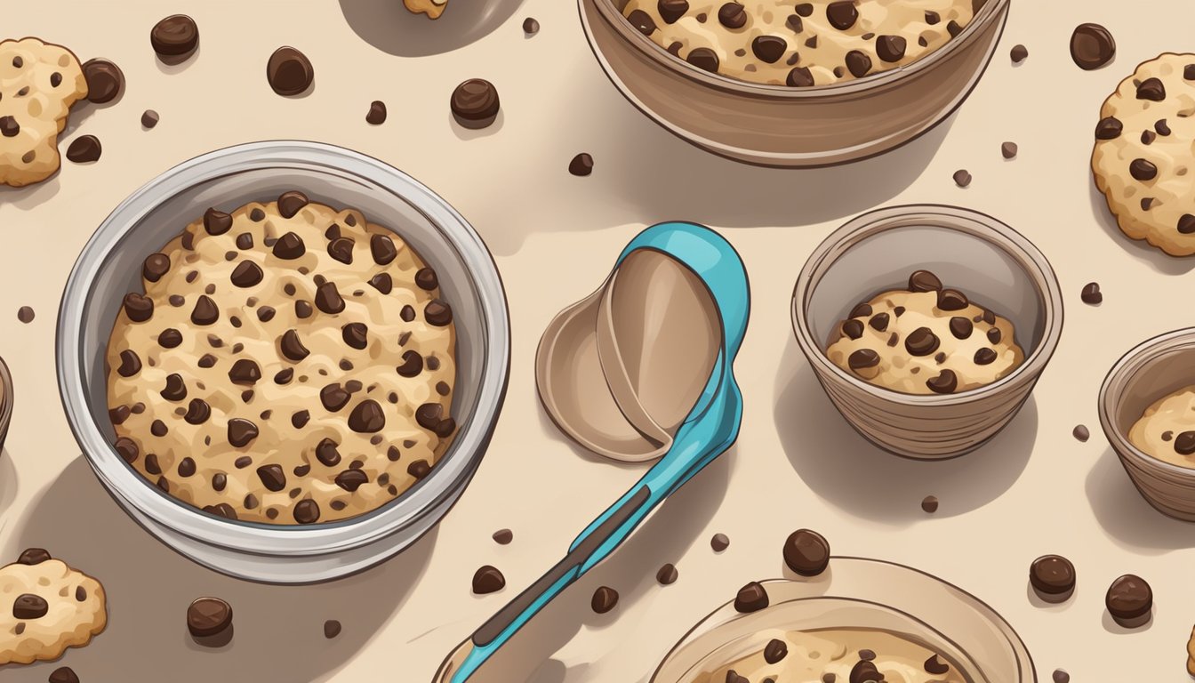 A mixing bowl filled with creamy cookie dough, surrounded by scattered chocolate chips and a wooden spoon