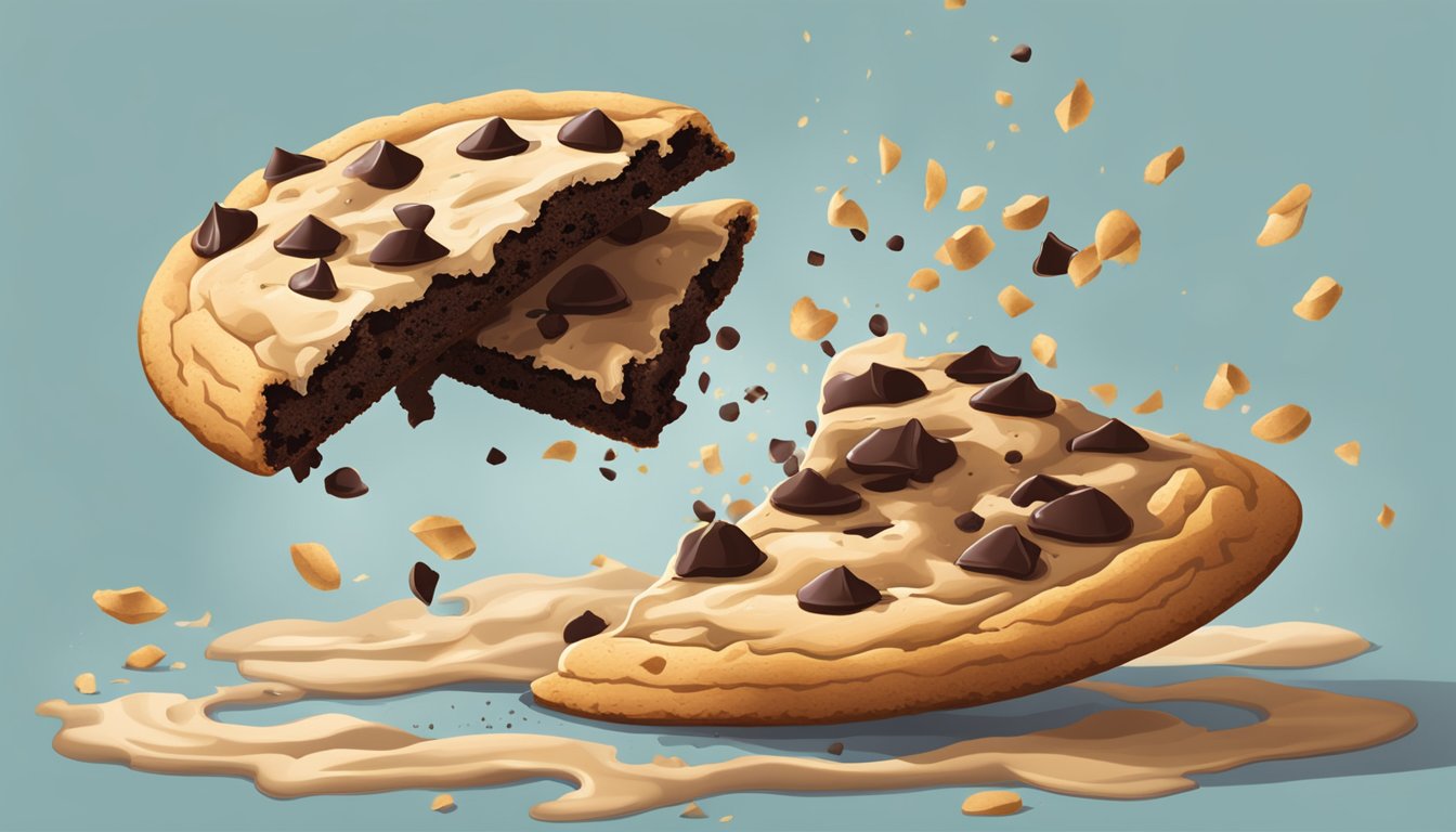 A chocolate chip cookie being broken in half with crumbs falling