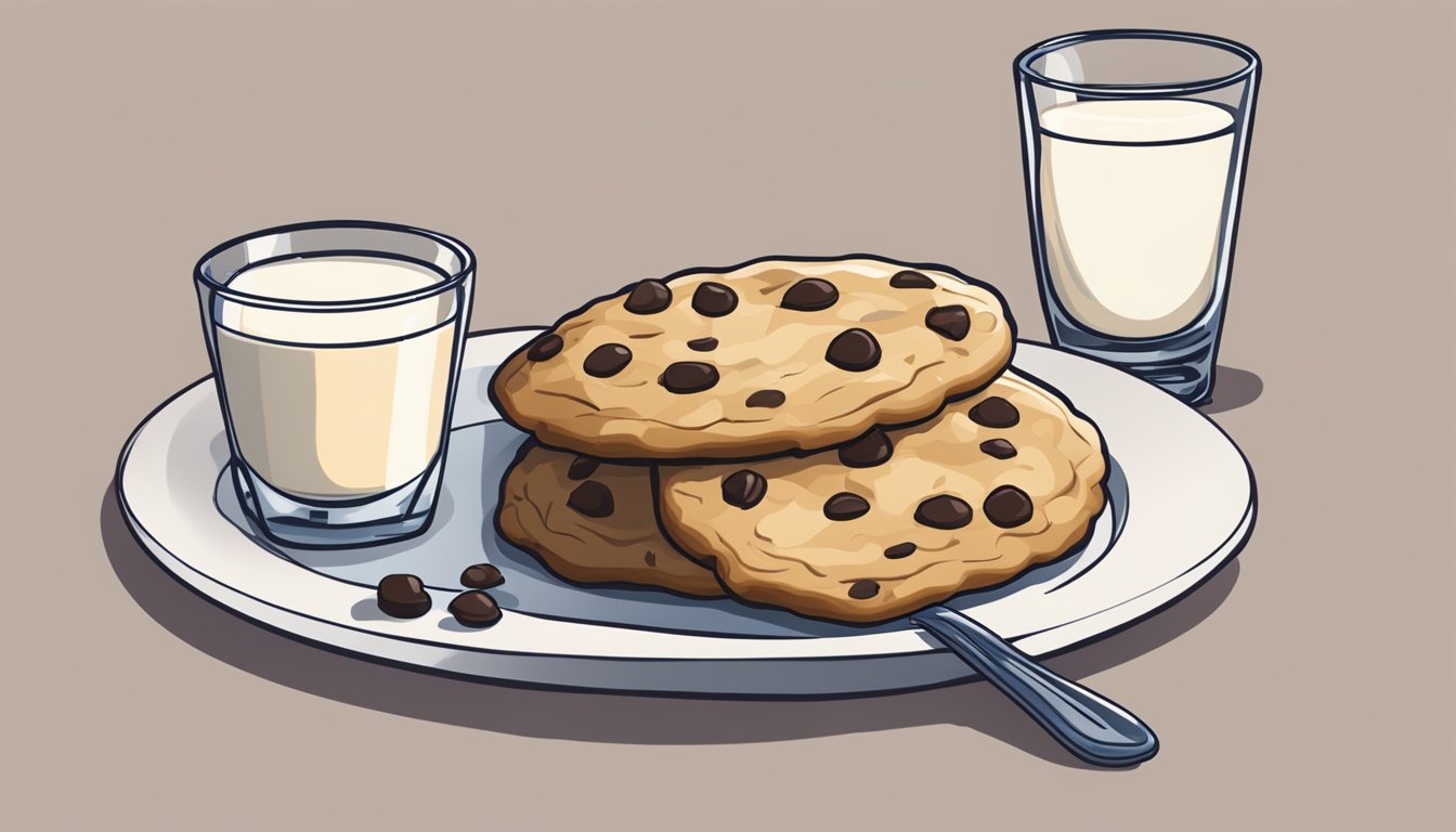 A chocolate chip cookie sits on a plate beside a glass of milk. A small fork rests nearby, ready for serving