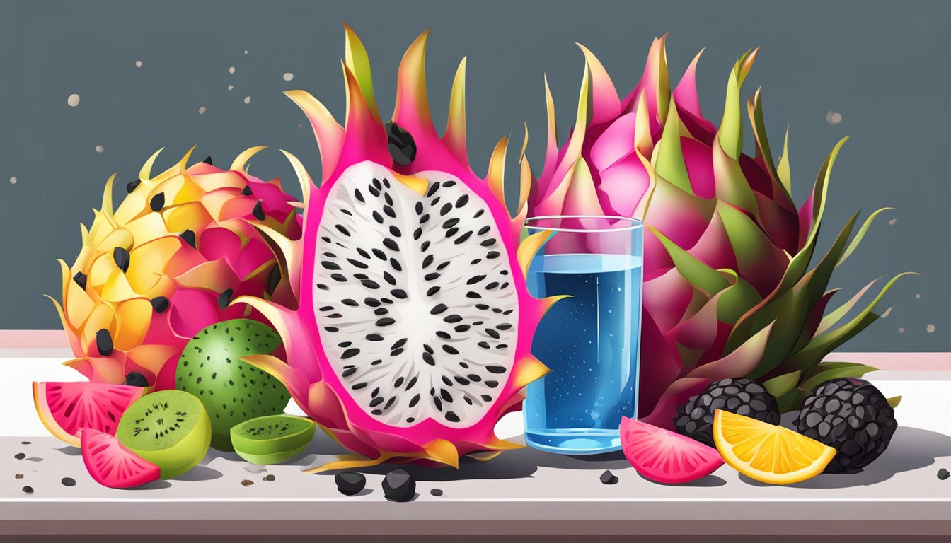 A dragon fruit cut in half, revealing its white flesh speckled with black seeds, surrounded by a variety of colorful fruits and a glass of water