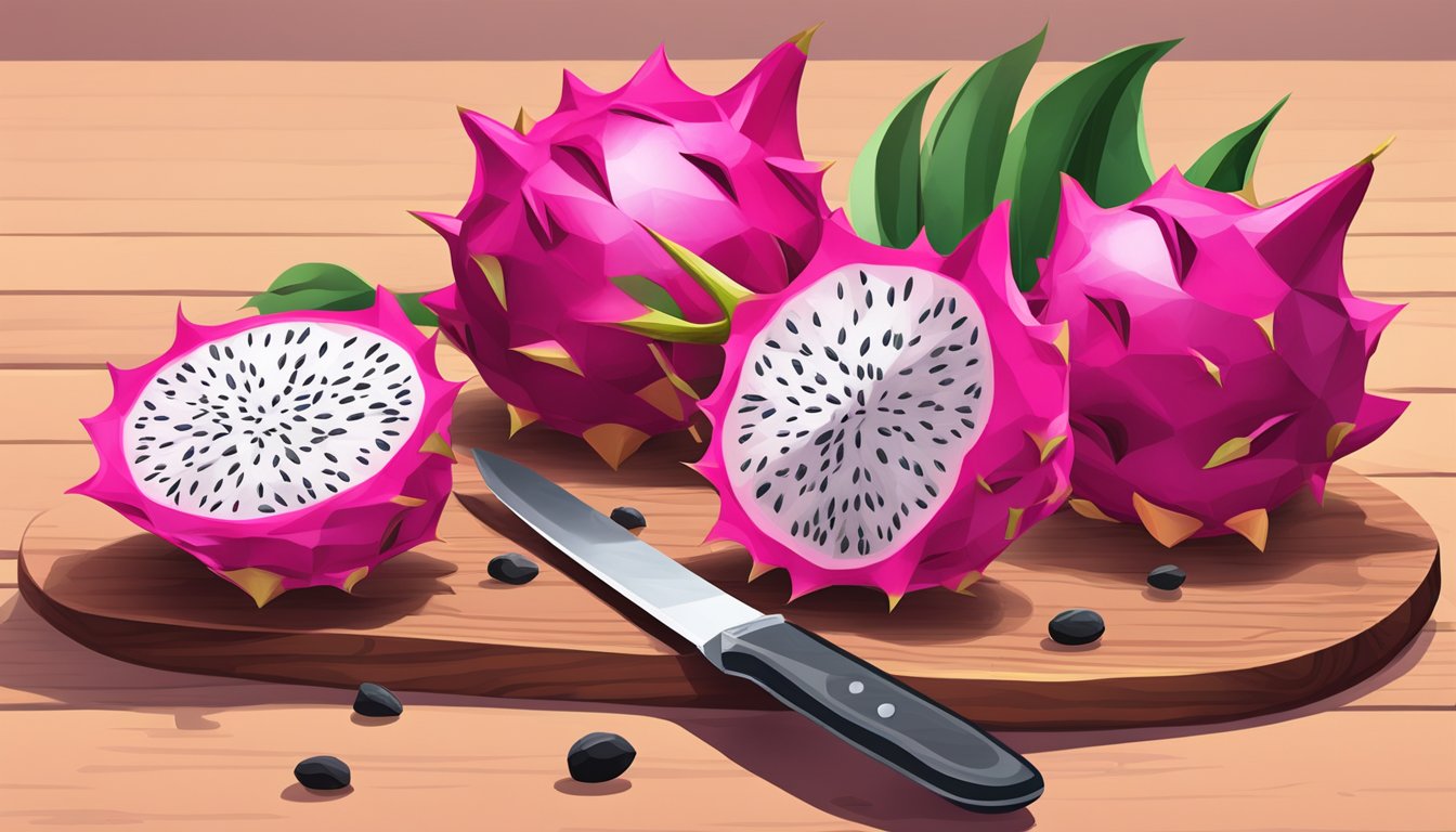 A dragon fruit cut in half, with its vibrant pink flesh and black seeds visible, placed on a wooden cutting board next to a knife