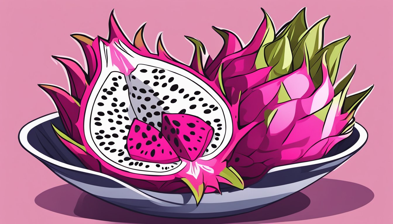 A dragon fruit cut in half with the flesh scooped out and placed in a bowl, ready to be eaten