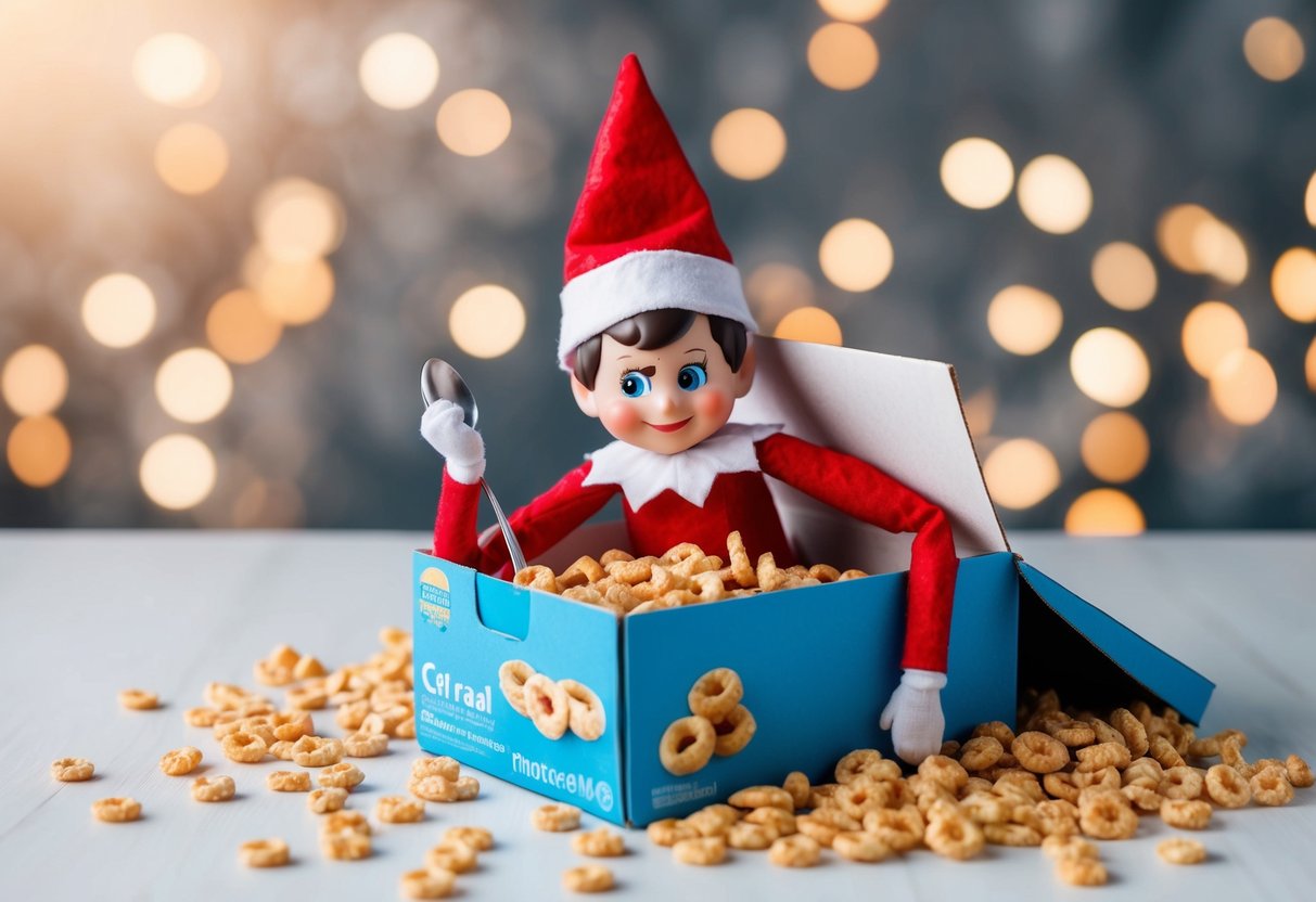 An elf on the shelf hiding in a cereal box, surrounded by spilled cereal and holding a tiny spoon