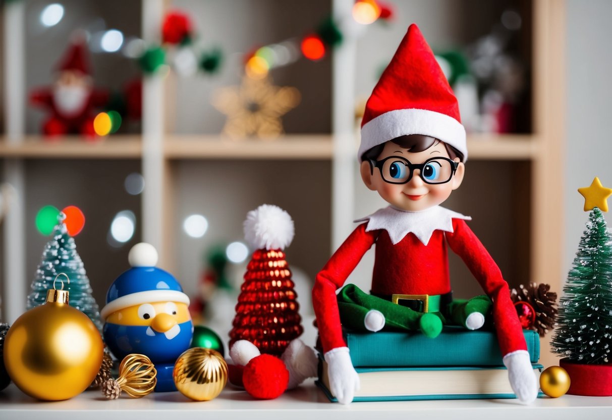 An elf with glasses sits on a bookshelf, surrounded by funny props and decorations