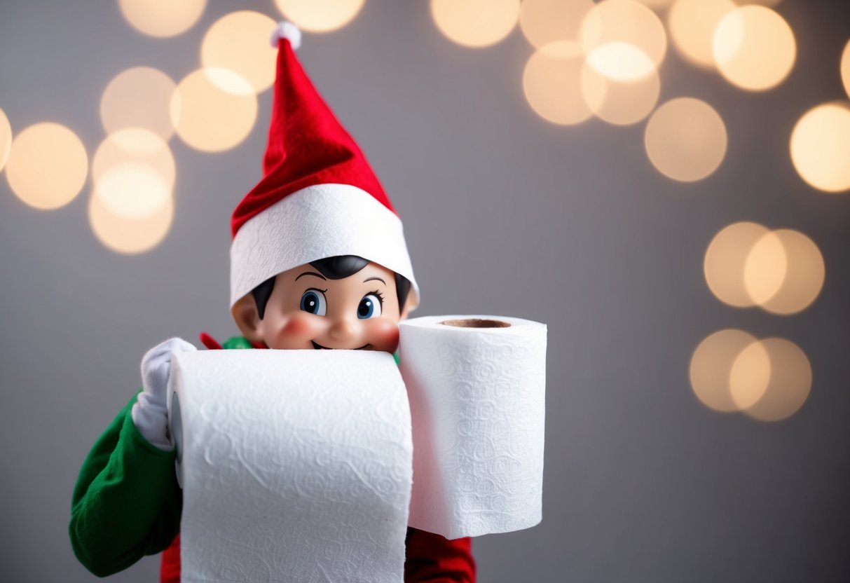 A mischievous elf wrapped in toilet paper, peeking out from behind a roll with a playful expression