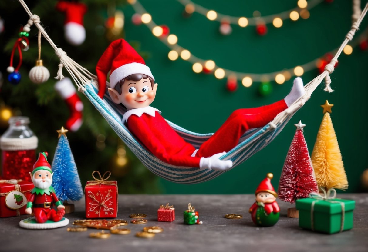 A mischievous elf lounges in a tiny hammock, surrounded by miniature decorations and whimsical props