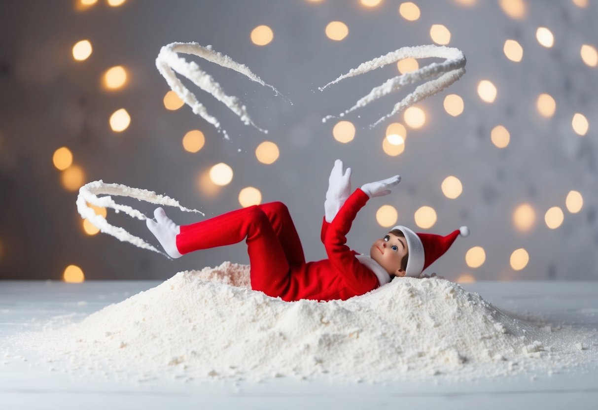 An elf lies in a pile of flour, flapping arms and legs to make snow angel shapes