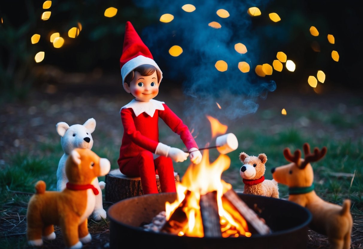 An elf sits by a campfire surrounded by animal toys, roasting marshmallows