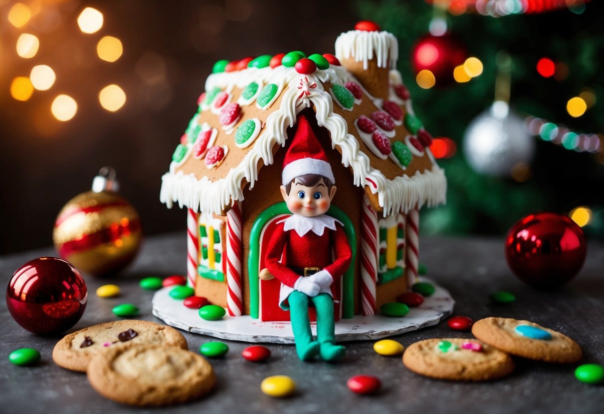 A mischievous elf sits surrounded by candy and cookies in a whimsical gingerbread house