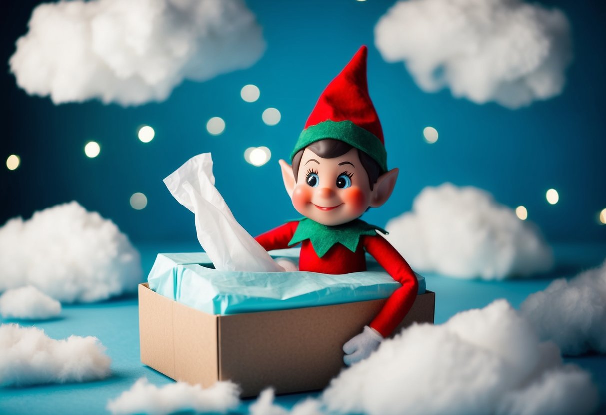 A mischievous elf sits nestled in a box of tissues, surrounded by fluffy white clouds, with a mischievous grin on its face